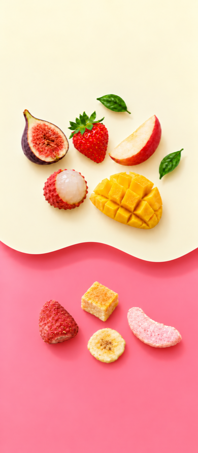 Fresh mango, strawberry, fig, lychee and apple over freeze-dried fruit pieces