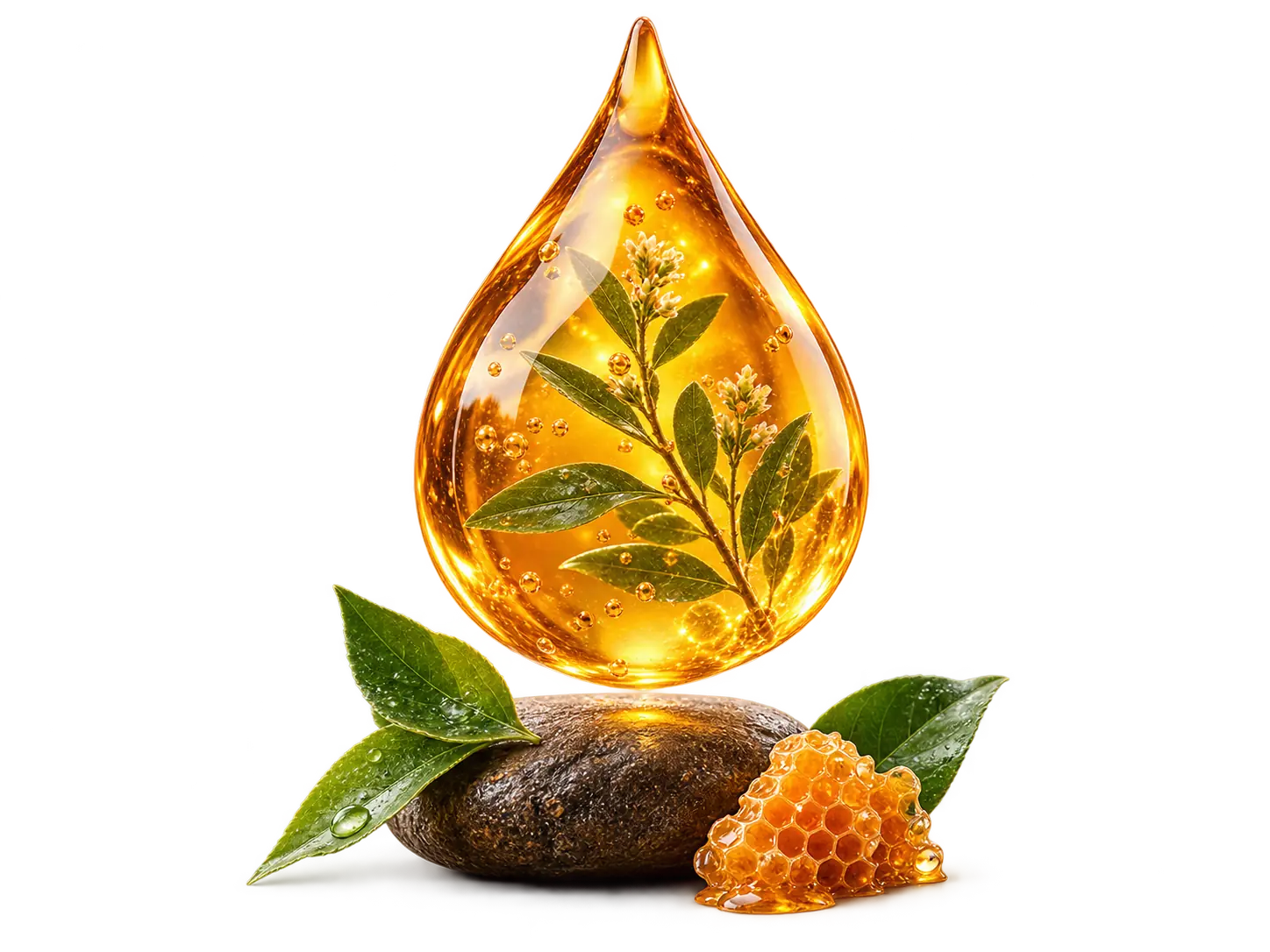 An amber honey droplet with a botanical sprig, honeycomb and leaves
