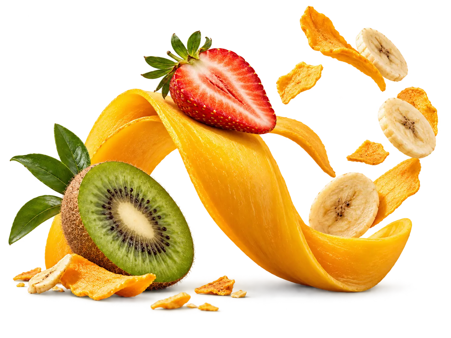 A playful sculpture of mango, strawberry and kiwi with floating crunchy fruit pieces